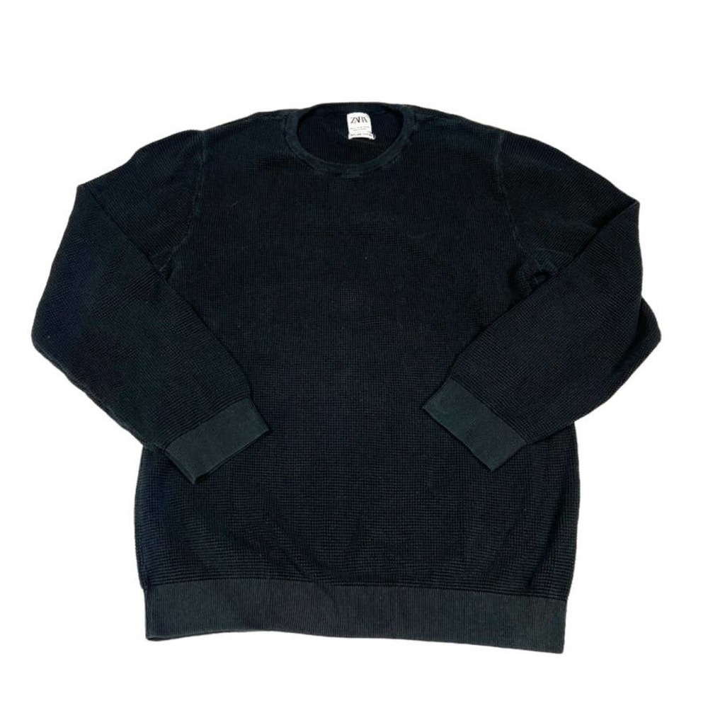Zara Thermal Black Waffle Knit Cotton Crewneck Long Sleeve Men's XL Casual Shirt